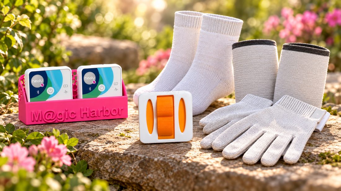 Wandhalterung, Clips, Silberarmband und Socken aus dem Zubehörsortiment